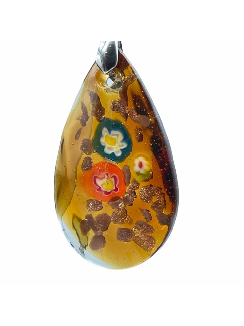 Art Glass Millefiori Pendant Amber and Copper with Orange Blue Green Flowers - Picture 3 of 9